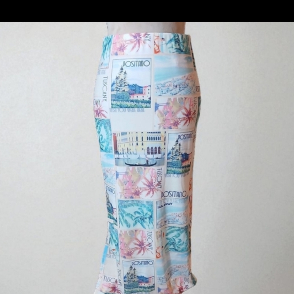 Whoiam Maxi Travel Theme Graphic Bodycon Skirt Womans Size 10 Medium